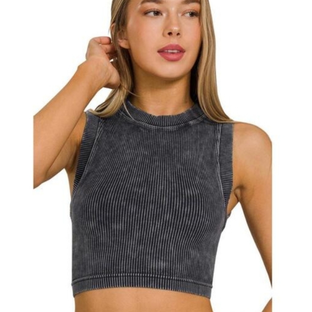 New Ash Black Ribbed Crop Muscle Tank Top